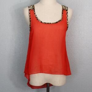 Sheer Coral Sleeveless Blouse With Leopard Print Trim Size S